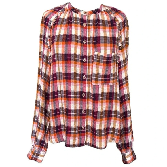 Pilcro Tops - PILCRO Anthropologie‎ Plaid Flannel Button Down Shirt Western Boho Ruffle Trim M